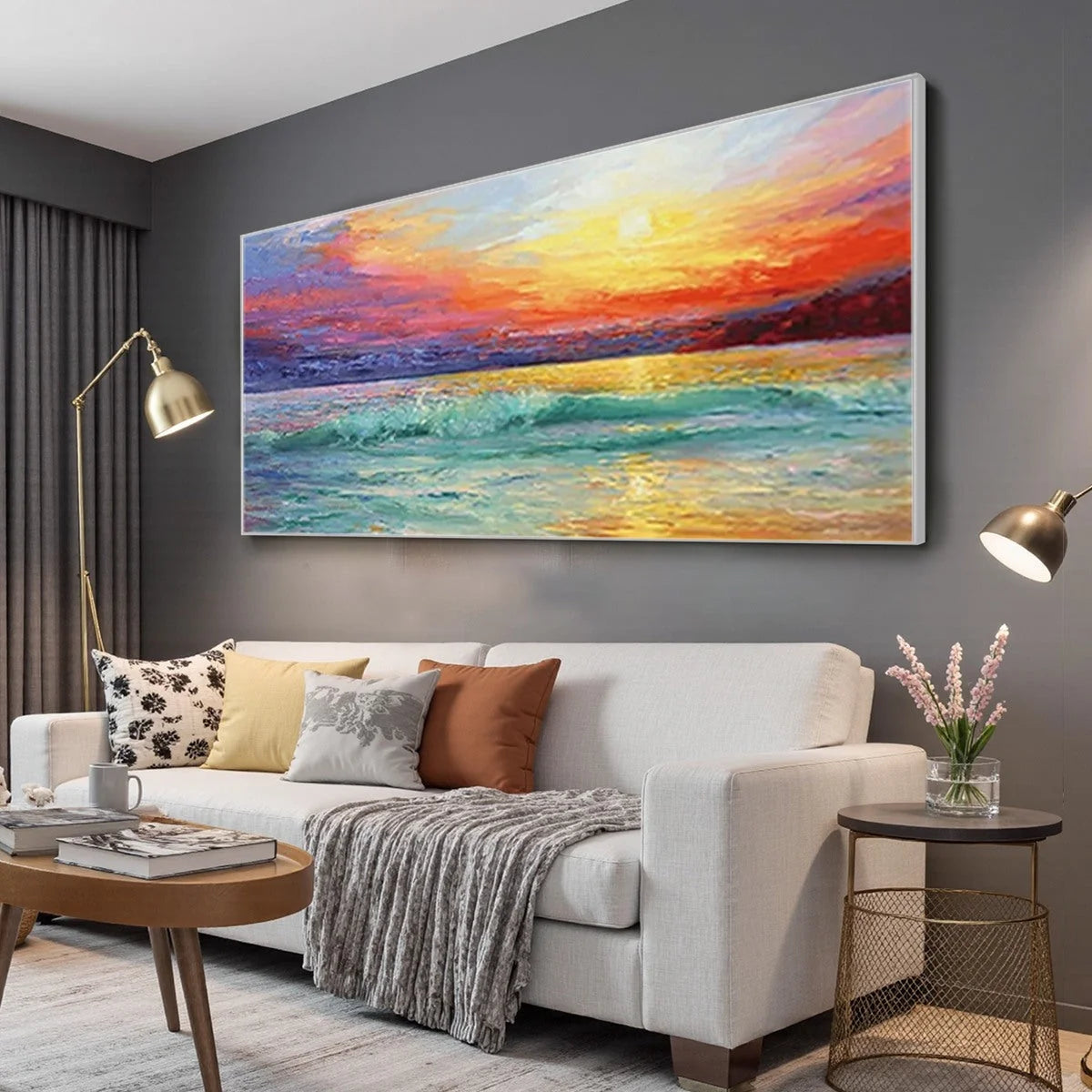 FIERY KISS: Coastal Sunset Oil Painting | gold frame stretched on neutral wall