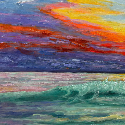 FIERY KISS: Coastal Sunset Oil Painting | rolled canvas, ready for custom framing