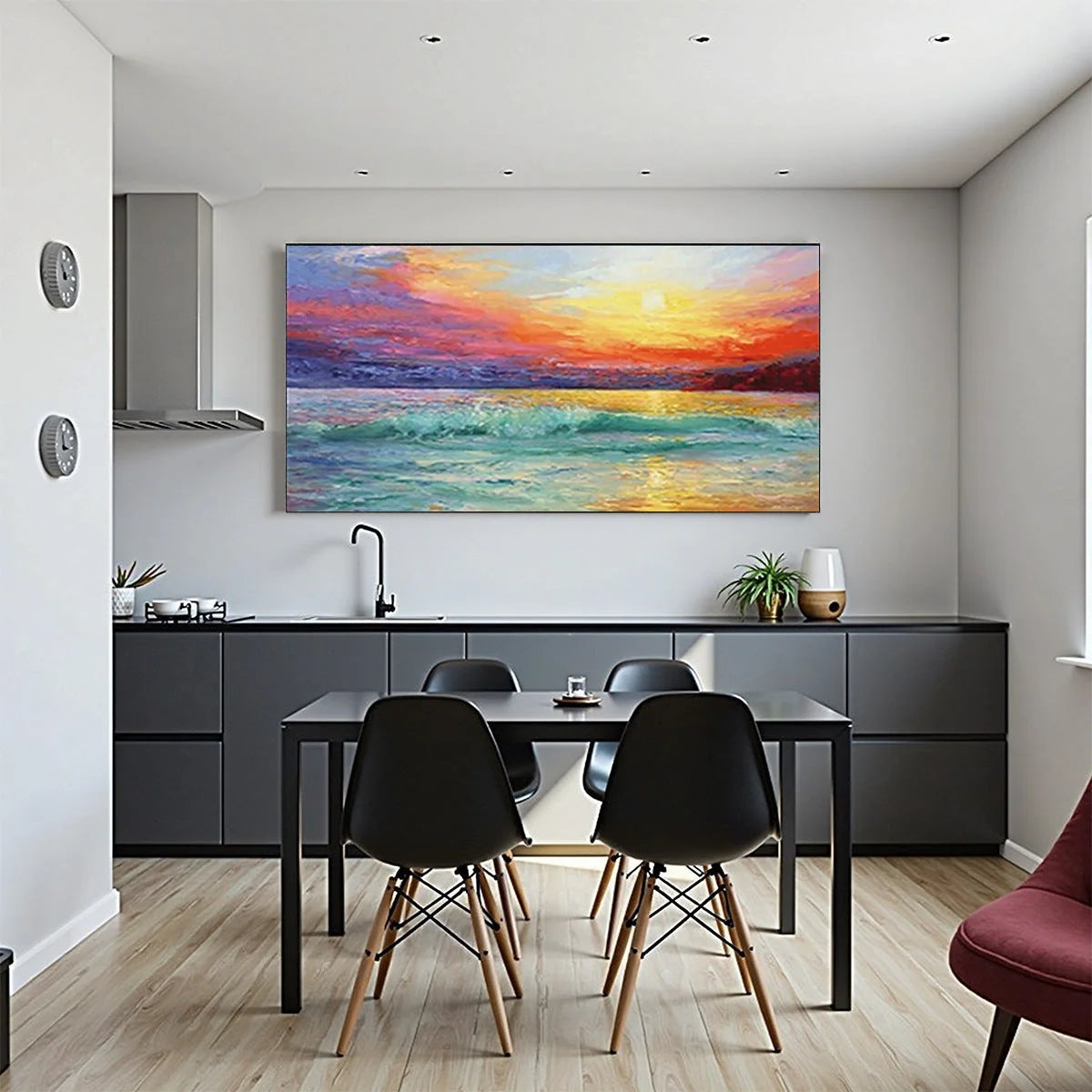 FIERY KISS: Coastal Sunset Oil Painting | black frame version on white wall