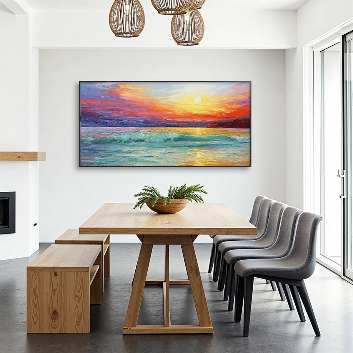 FIERY KISS: Coastal Sunset Oil Painting | Abstract mood, soft natural light studio shot