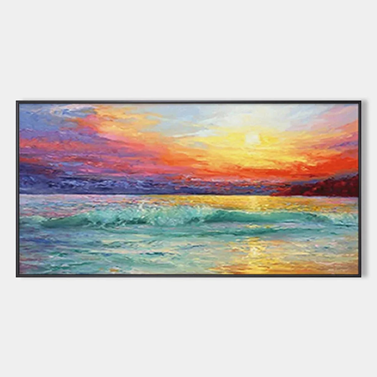 FIERY KISS: Coastal Sunset Oil Painting | hanging in FIERY KISS: Coastal Sunset Oil Painting featuring layered textured brushwork in refined tones; abstract composition with rich palette-knife acce...