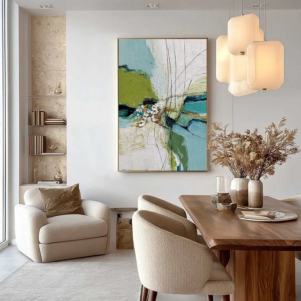 FIRST BLOOM: Textured Vertical Abstract Landscape Painting | gold frame stretched on neutral wall