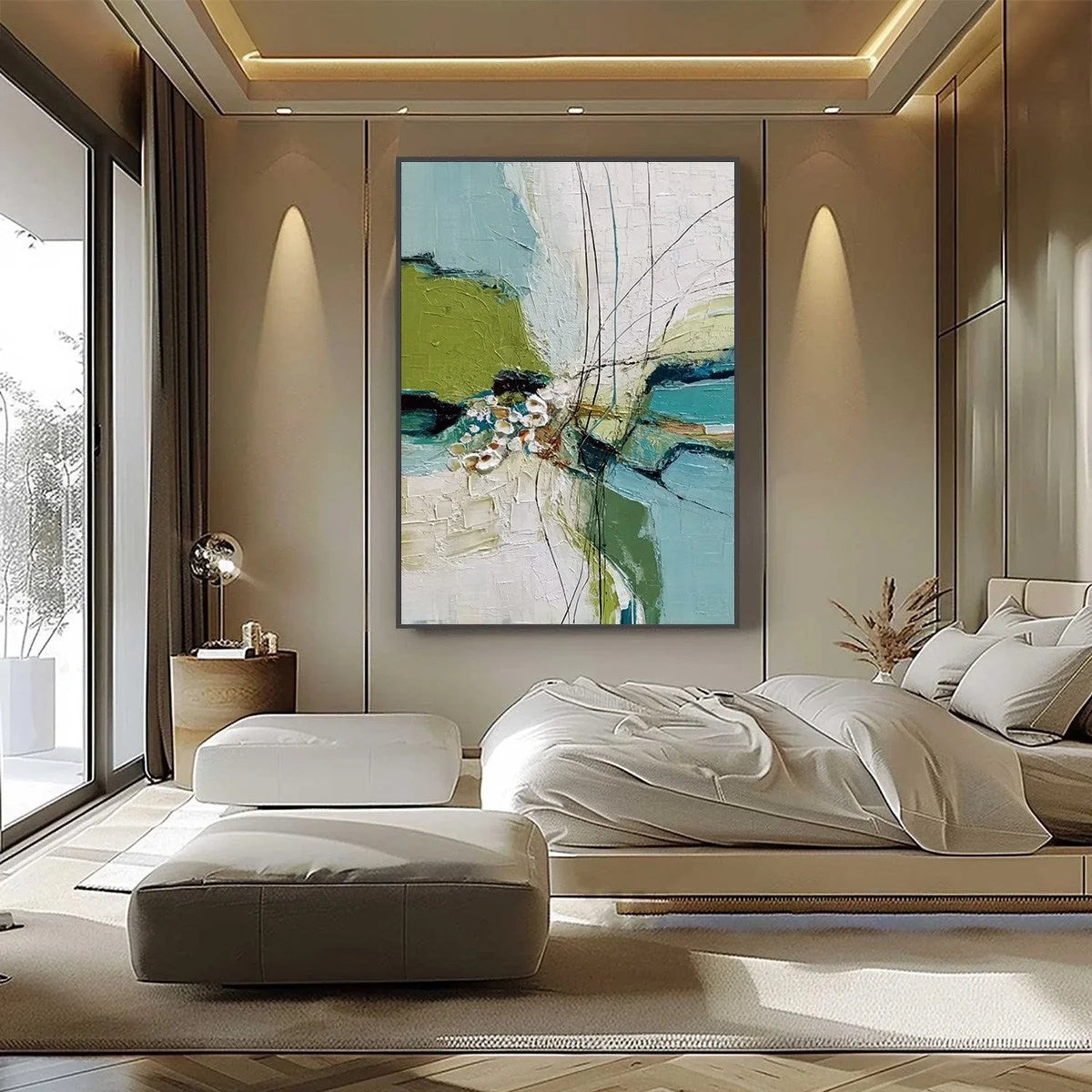 FIRST BLOOM: Textured Vertical Abstract Landscape Painting | black frame version on white wall