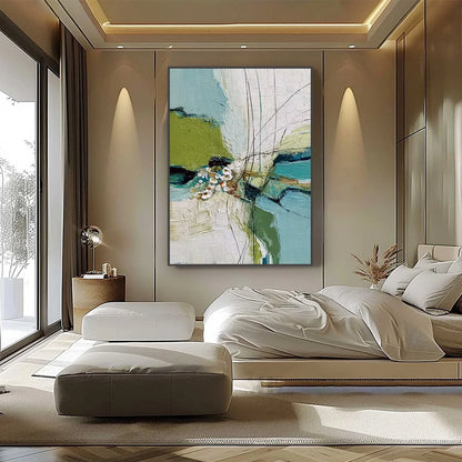 FIRST BLOOM: Textured Vertical Abstract Landscape Painting | black frame version on white wall