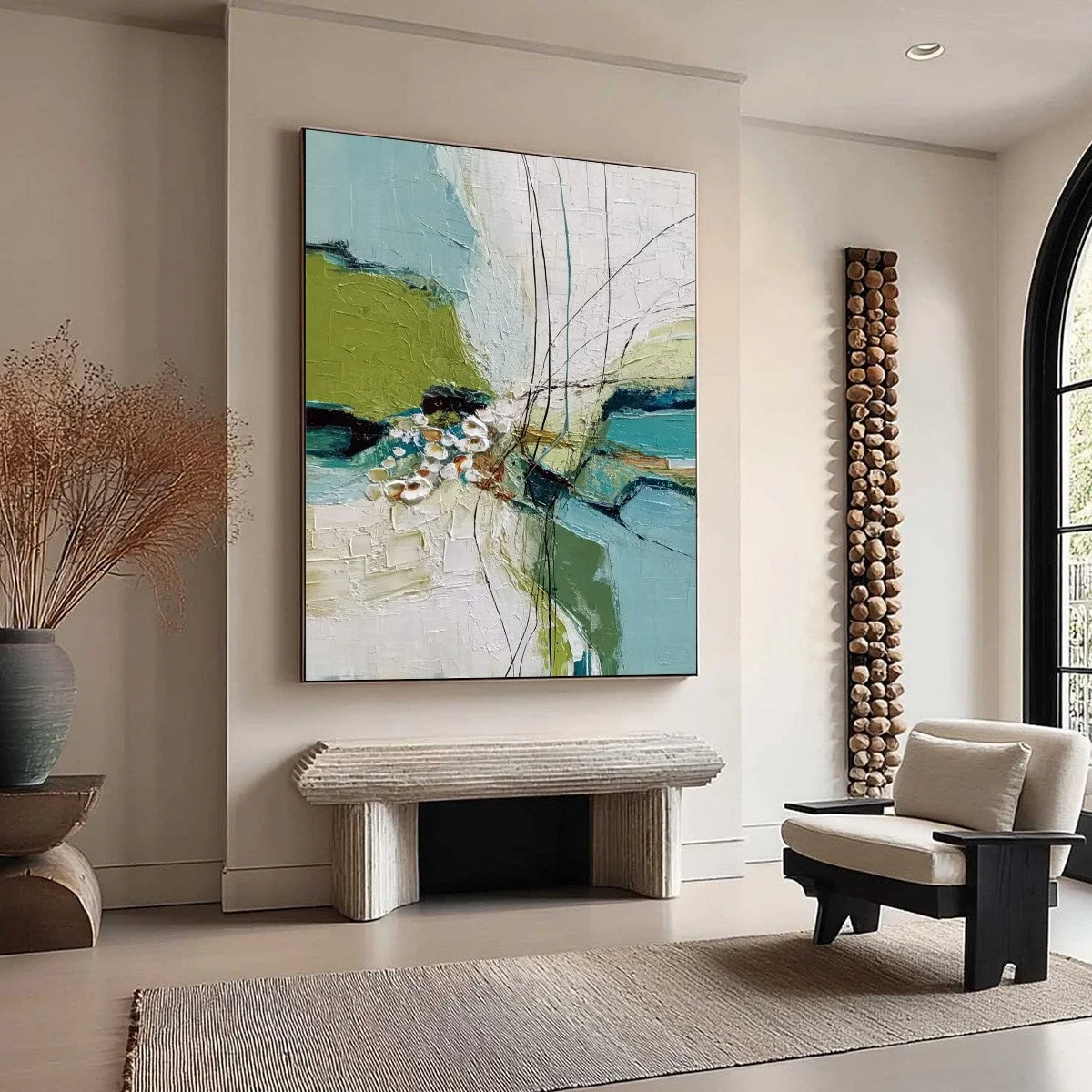 FIRST BLOOM: Textured Vertical Abstract Landscape Painting | beige palette, original Hand-painted on premium stretched canvas using artist-grade oils; rich layered surface combines smooth gradients...