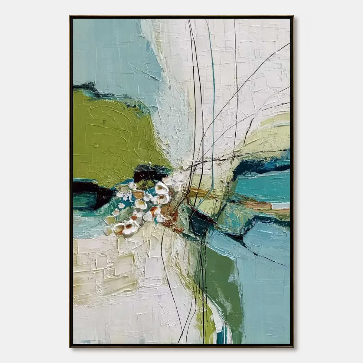 FIRST BLOOM: Textured Vertical Abstract Landscape Painting | hanging in FIRST BLOOM: Textured Vertical Abstract Landscape Painting featuring layered textured brushwork in refined tones; abstract co...