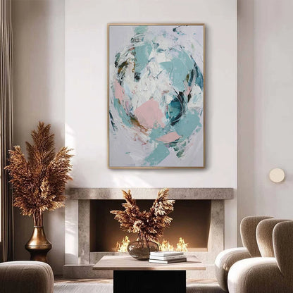 FIRST BLUSH: Textured Modern Abstract Painting | gold frame stretched on neutral wall