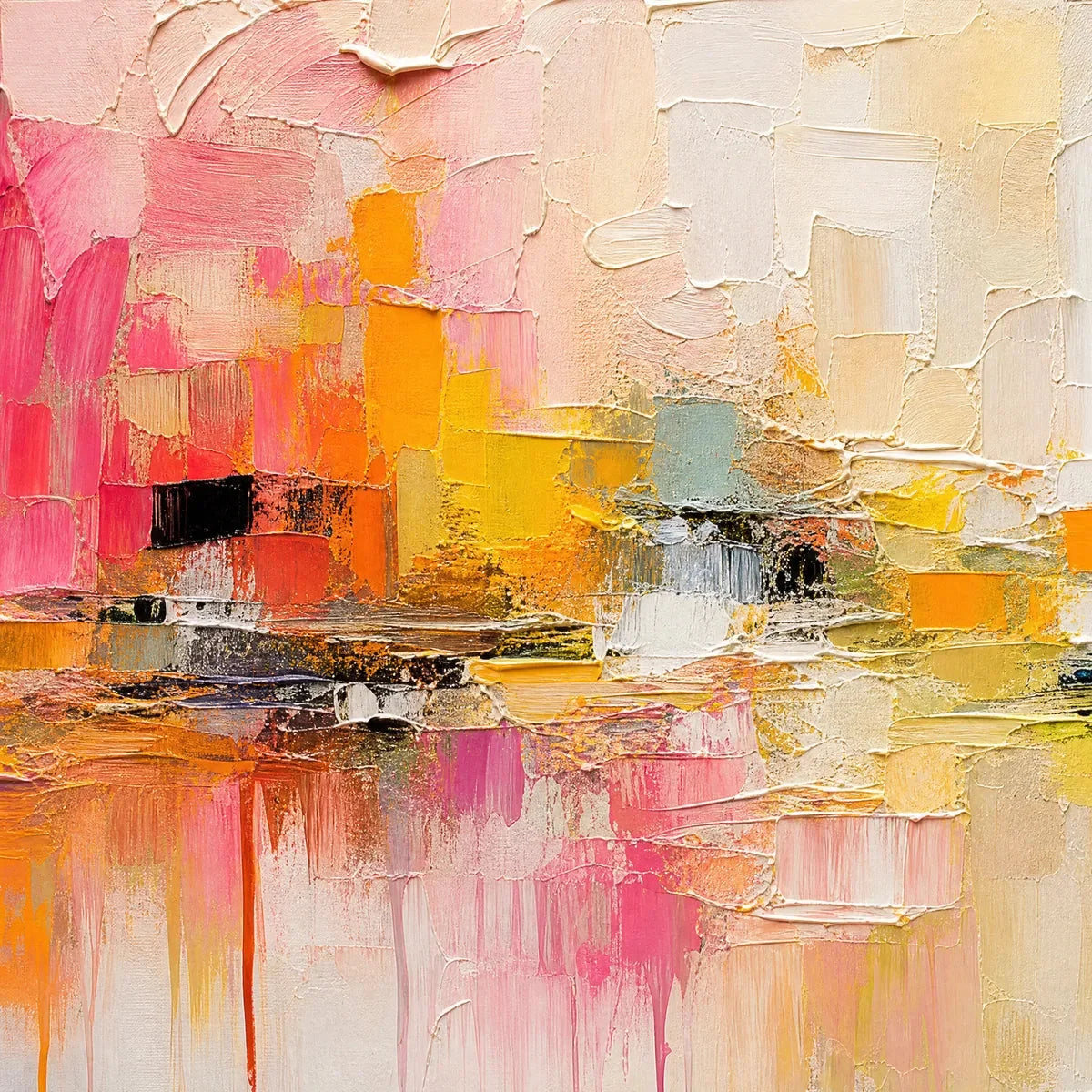 FIRST LIGHT: Colorful Textured Abstract Cityscape Reflection Oil Painting | rectangular format, hand-painted canvas edge