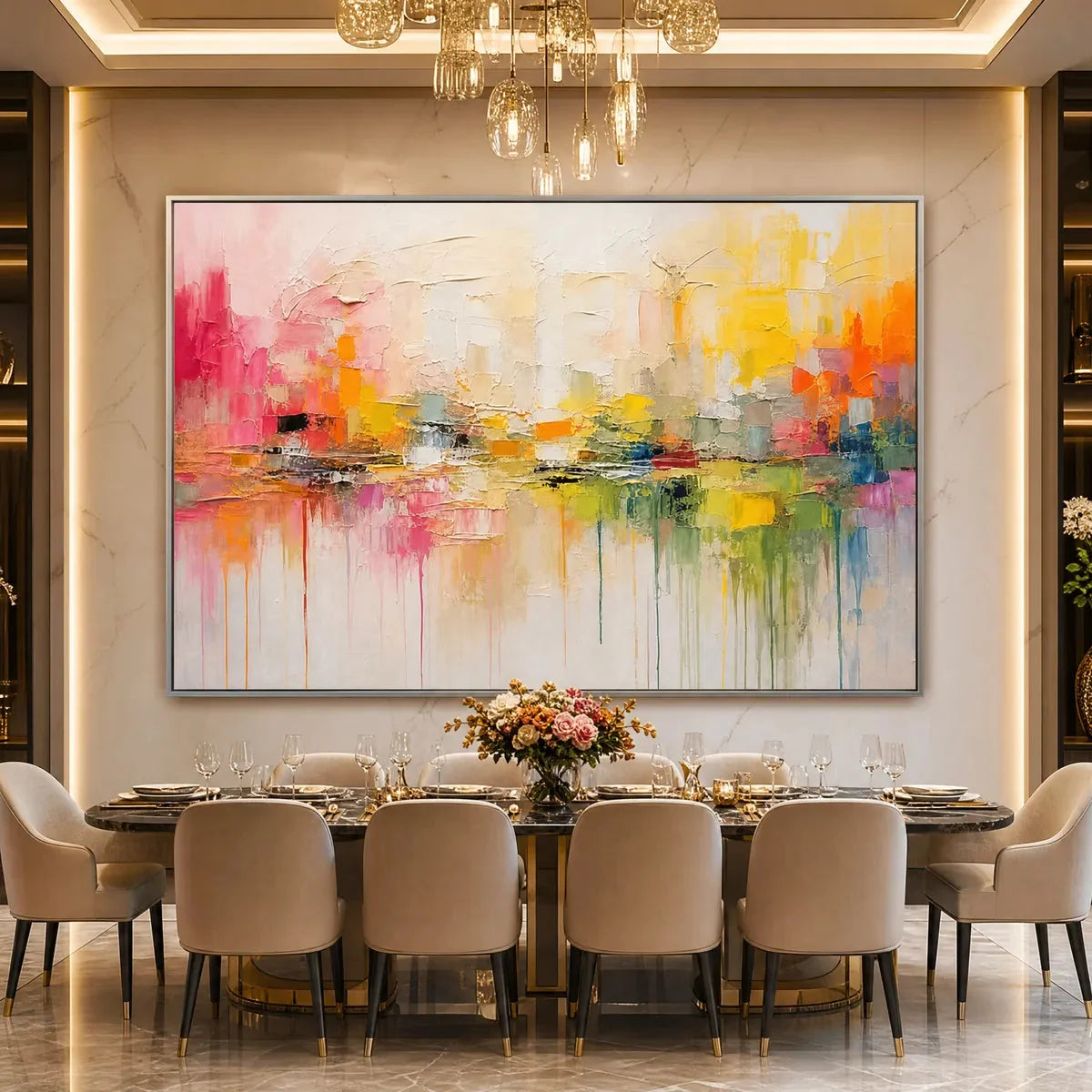 FIRST LIGHT: Colorful Textured Abstract Cityscape Reflection Oil Painting | gold frame stretched on neutral wall