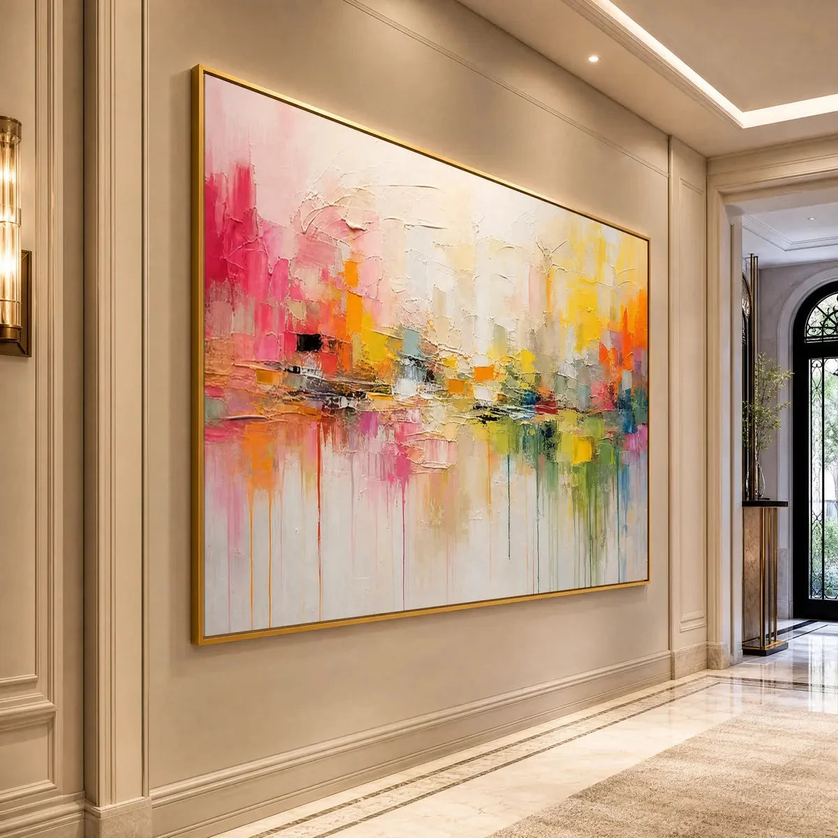 FIRST LIGHT: Colorful Textured Abstract Cityscape Reflection Oil Painting | rolled canvas, ready for custom framing