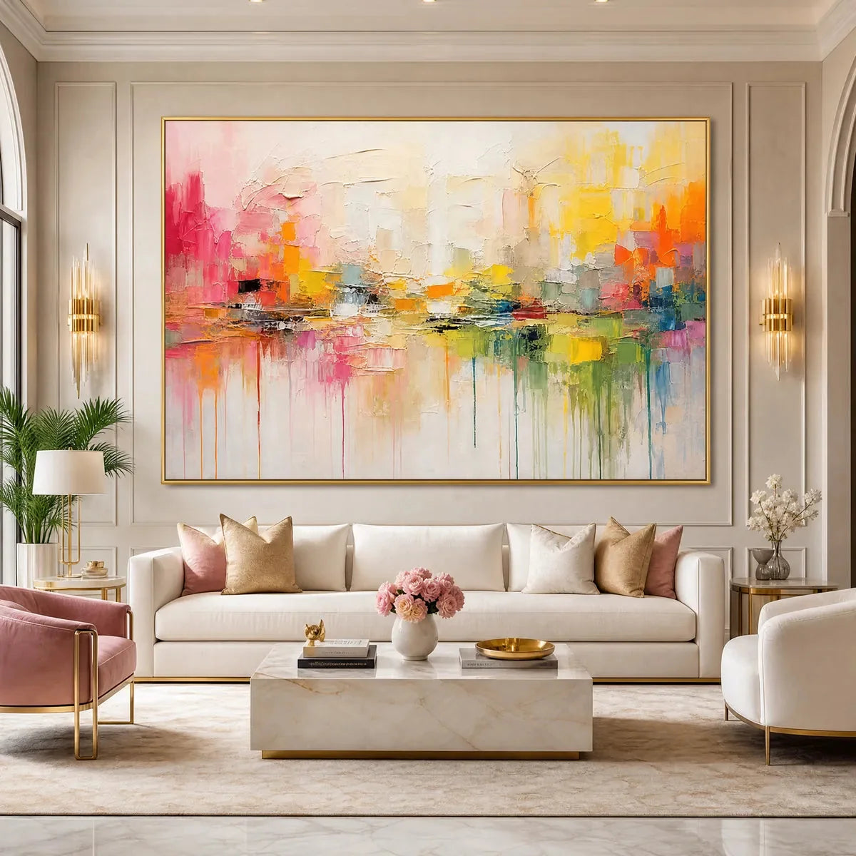 FIRST LIGHT: Colorful Textured Abstract Cityscape Reflection Oil Painting | black frame version on white wall