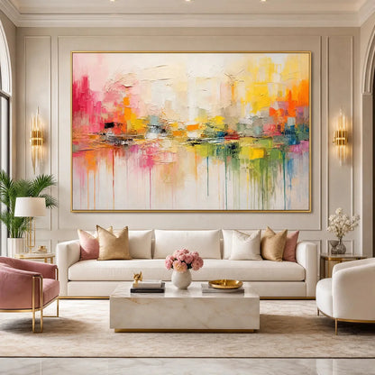 FIRST LIGHT: Colorful Textured Abstract Cityscape Reflection Oil Painting | black frame version on white wall