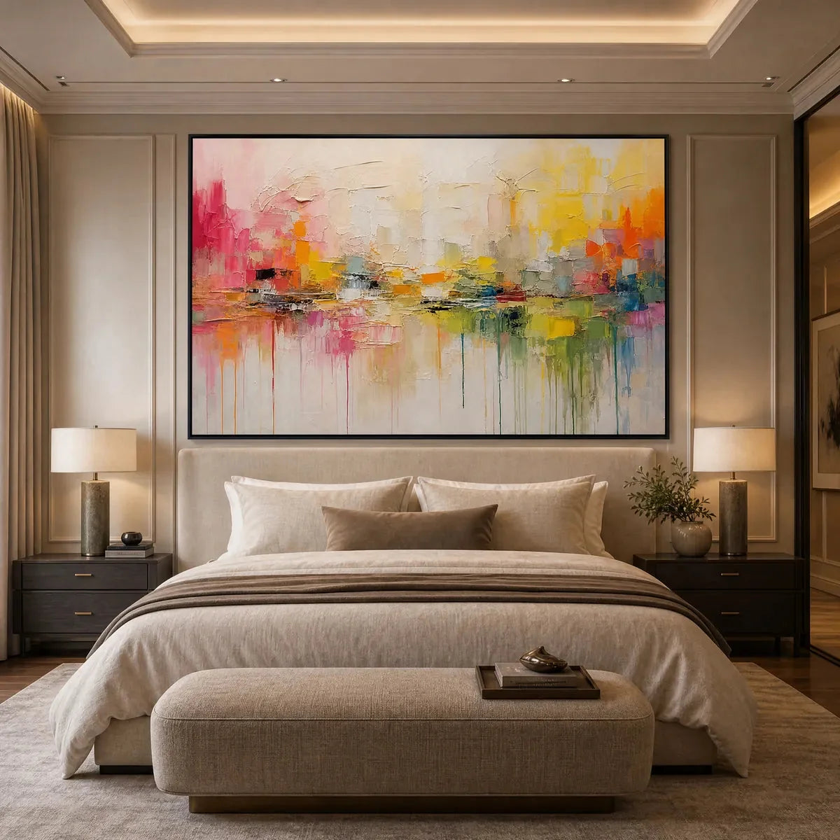 FIRST LIGHT: Colorful Textured Abstract Cityscape Reflection Oil Painting | Abstract mood, soft natural light studio shot
