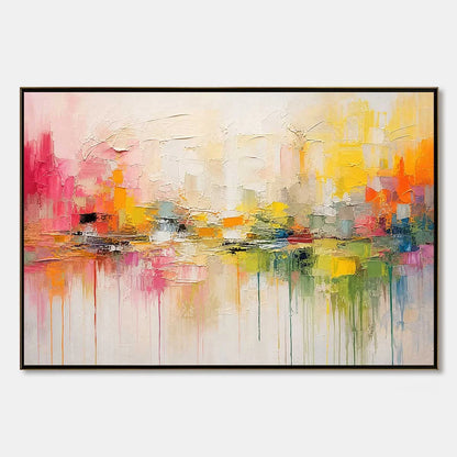 FIRST LIGHT: Colorful Textured Abstract Cityscape Reflection Oil Painting | hanging in FIRST LIGHT: Colorful Textured Abstract Cityscape Reflection Oil Painting featuring layered textured brushwork...