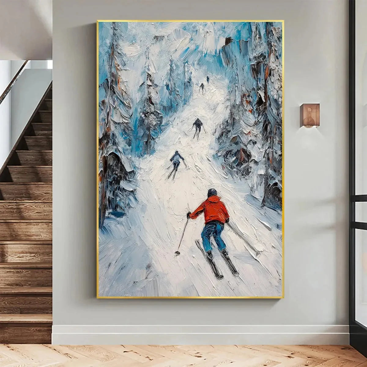 FIRST RUN: Textured Impasto Skiing Painting on Vertical Canvas | Abstract closeup, raised brushwork detail