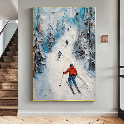 FIRST RUN: Textured Impasto Skiing Painting on Vertical Canvas | Abstract closeup, raised brushwork detail