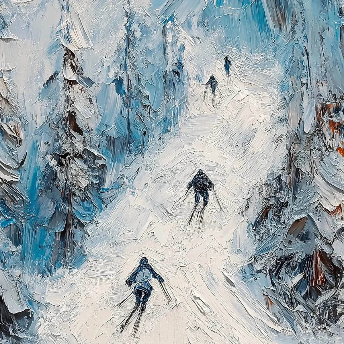 FIRST RUN: Textured Impasto Skiing Painting on Vertical Canvas | rectangular format, hand-painted canvas edge