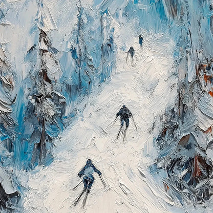 FIRST RUN: Textured Impasto Skiing Painting on Vertical Canvas | rectangular format, hand-painted canvas edge
