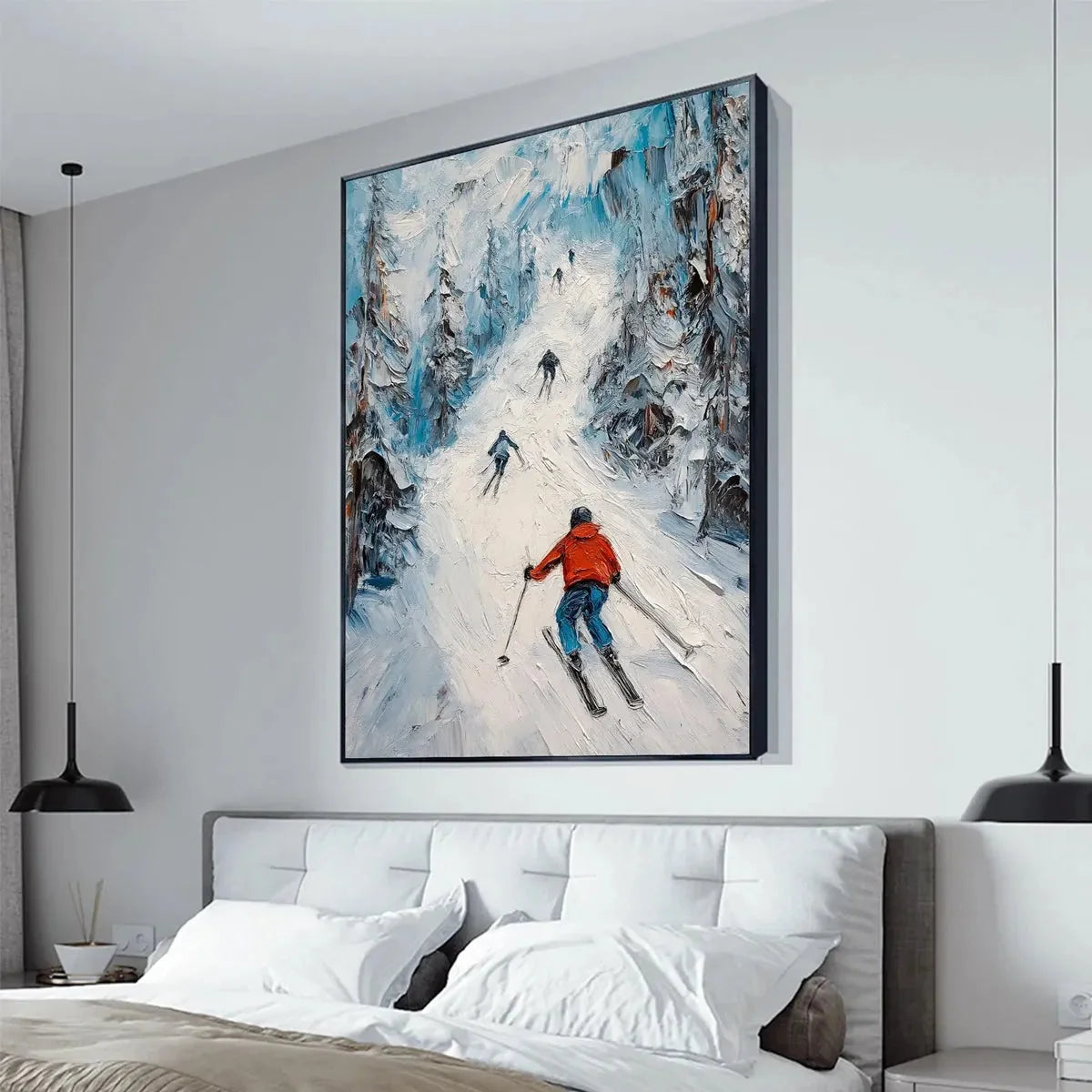 FIRST RUN: Textured Impasto Skiing Painting on Vertical Canvas | gold frame stretched on neutral wall