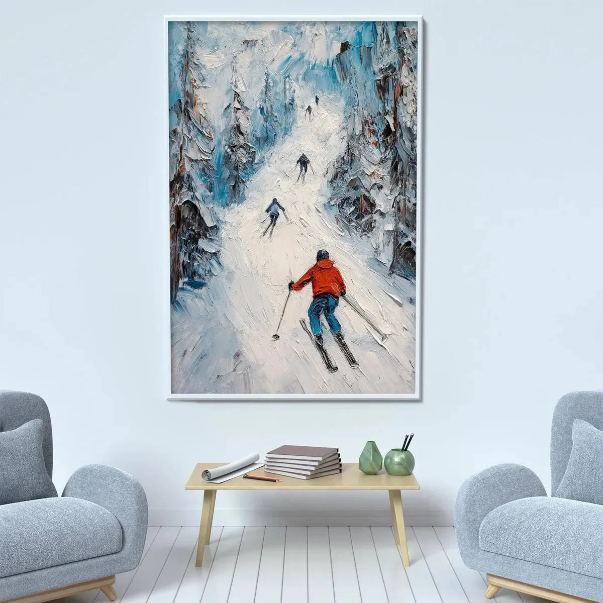 FIRST RUN: Textured Impasto Skiing Painting on Vertical Canvas | rolled canvas, ready for custom framing