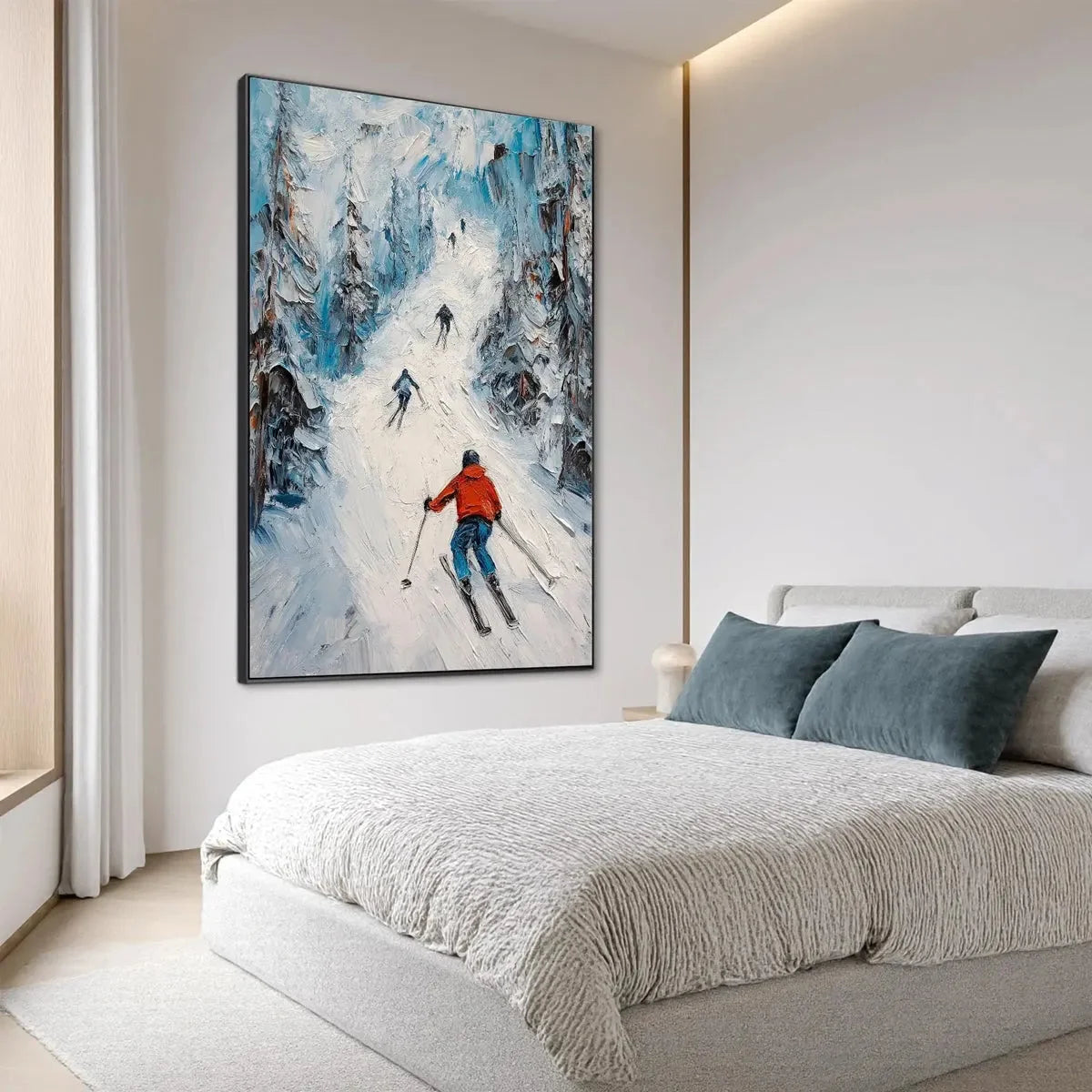 FIRST RUN: Textured Impasto Skiing Painting on Vertical Canvas | black frame version on white wall
