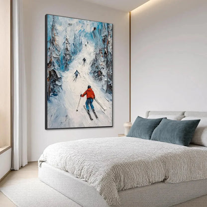 FIRST RUN: Textured Impasto Skiing Painting on Vertical Canvas | black frame version on white wall