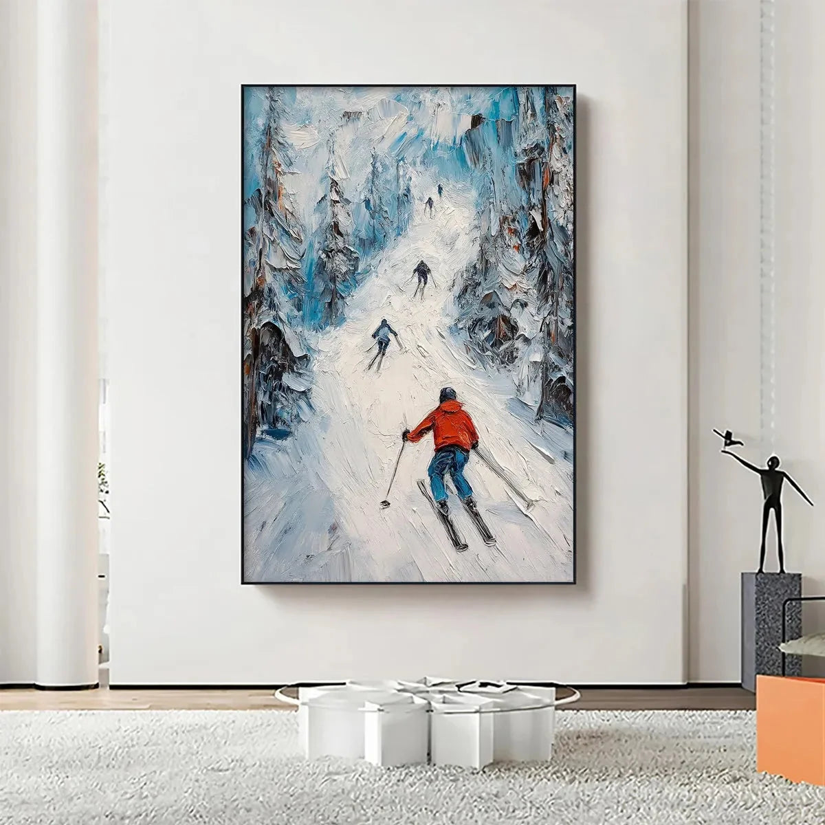 FIRST RUN: Textured Impasto Skiing Painting on Vertical Canvas | Abstract mood, soft natural light studio shot