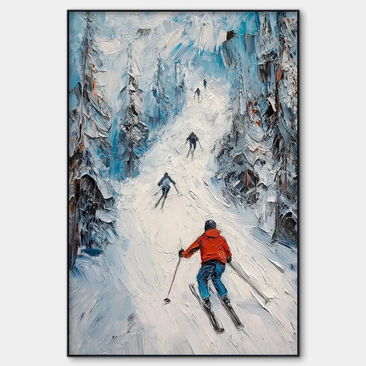 FIRST RUN: Textured Impasto Skiing Painting on Vertical Canvas | hanging in FIRST RUN: Textured Impasto Skiing Painting on Vertical Canvas featuring layered textured brushwork in refined tones; abs...