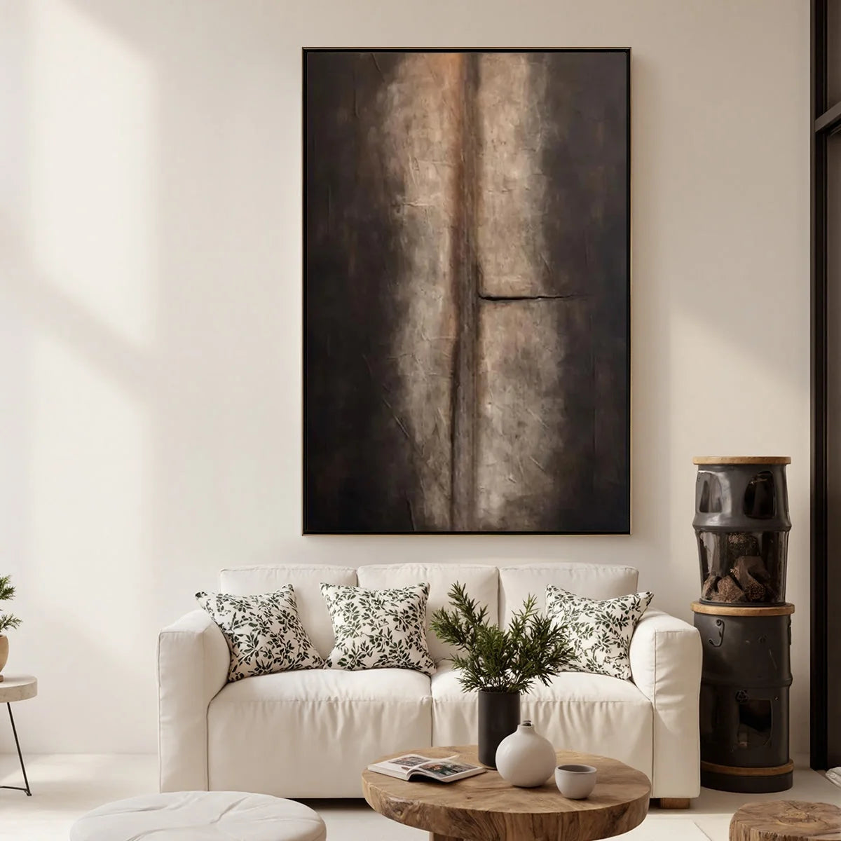 FISSURE: Large Textured Wabi Sabi Abstract Painting in Earth Tones | gold frame stretched on neutral wall