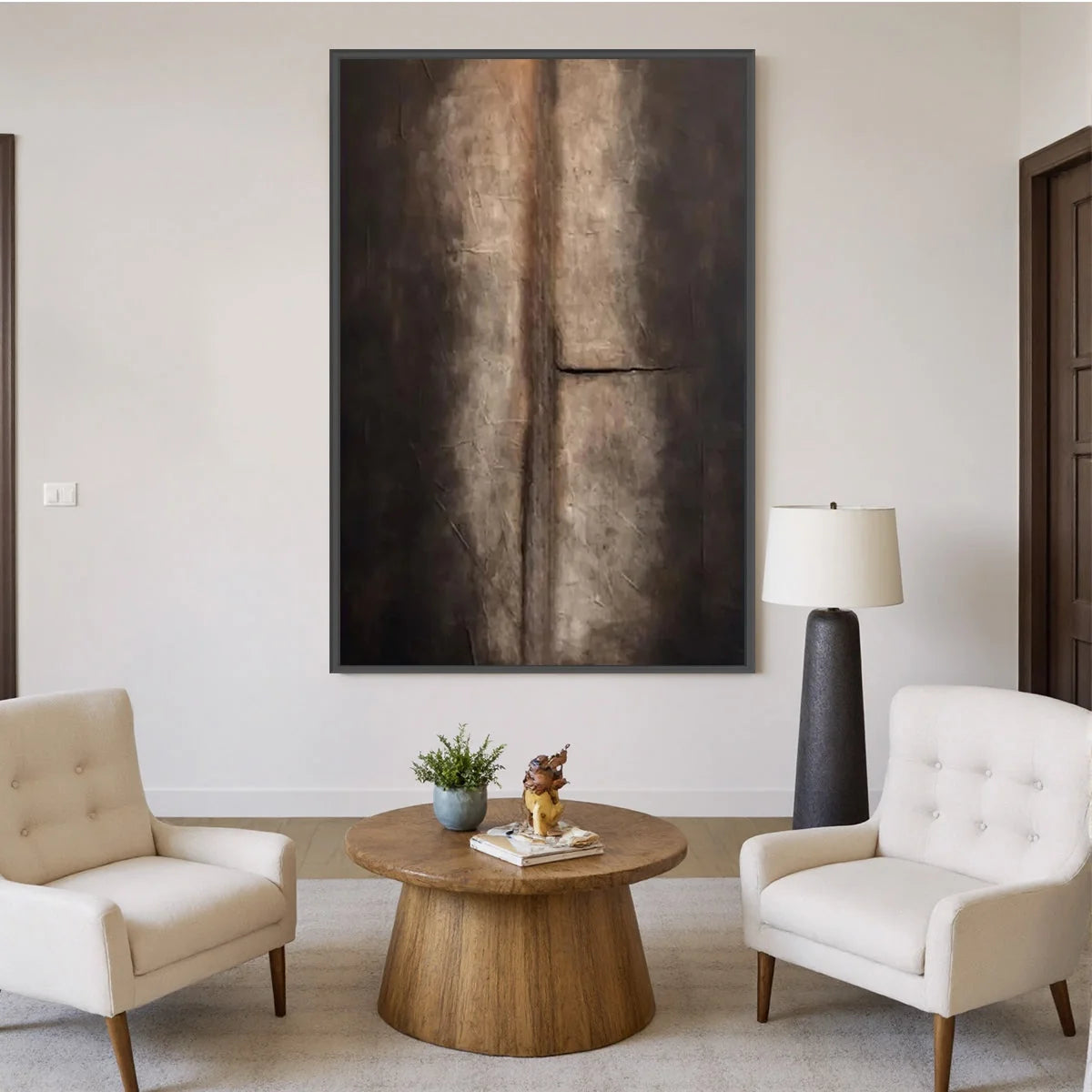 FISSURE: Large Textured Wabi Sabi Abstract Painting in Earth Tones | black frame version on white wall