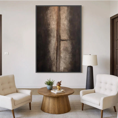 FISSURE: Large Textured Wabi Sabi Abstract Painting in Earth Tones | black frame version on white wall