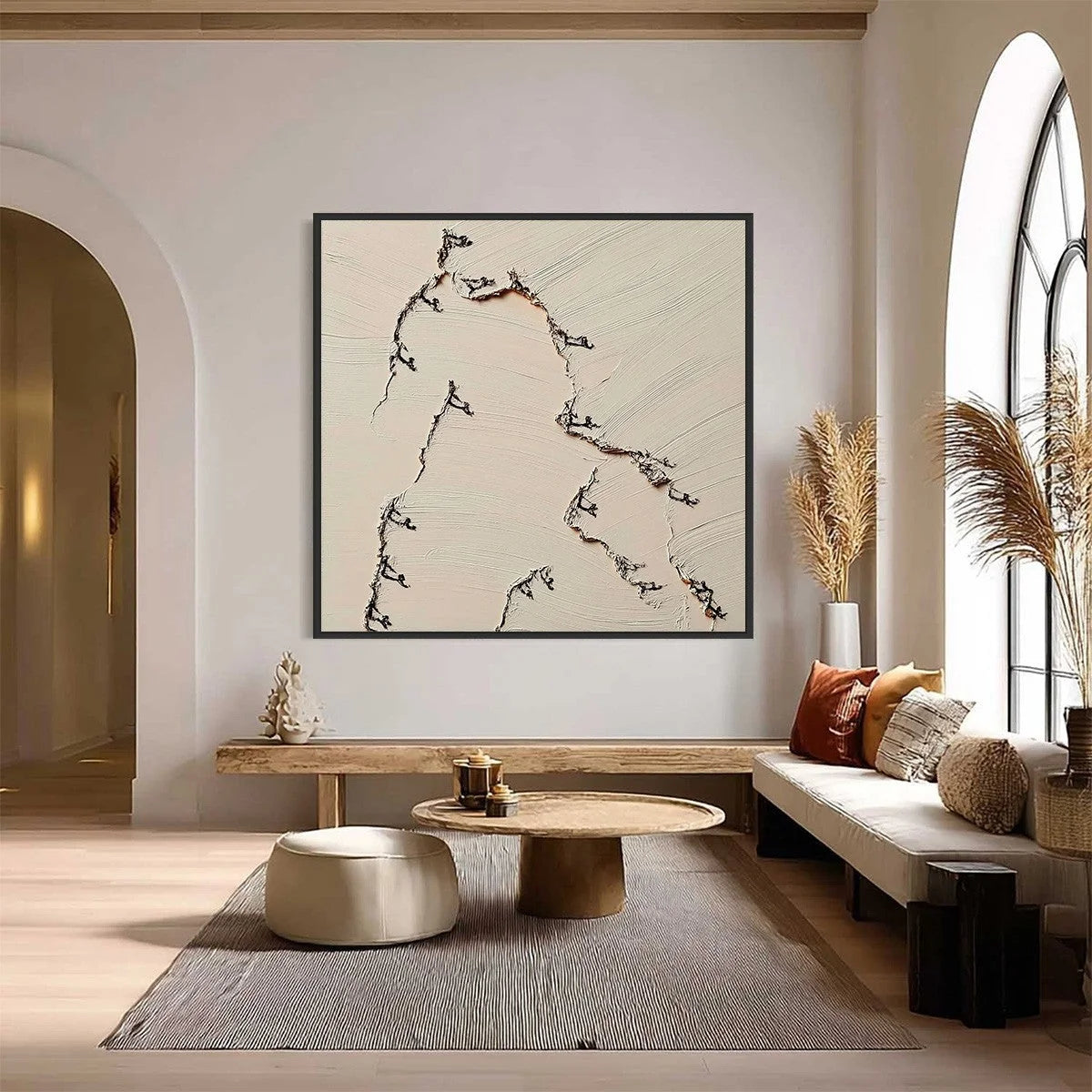 FISSURE: Wabi Sabi Inspired Textured Abstract Art | black frame version on white wall