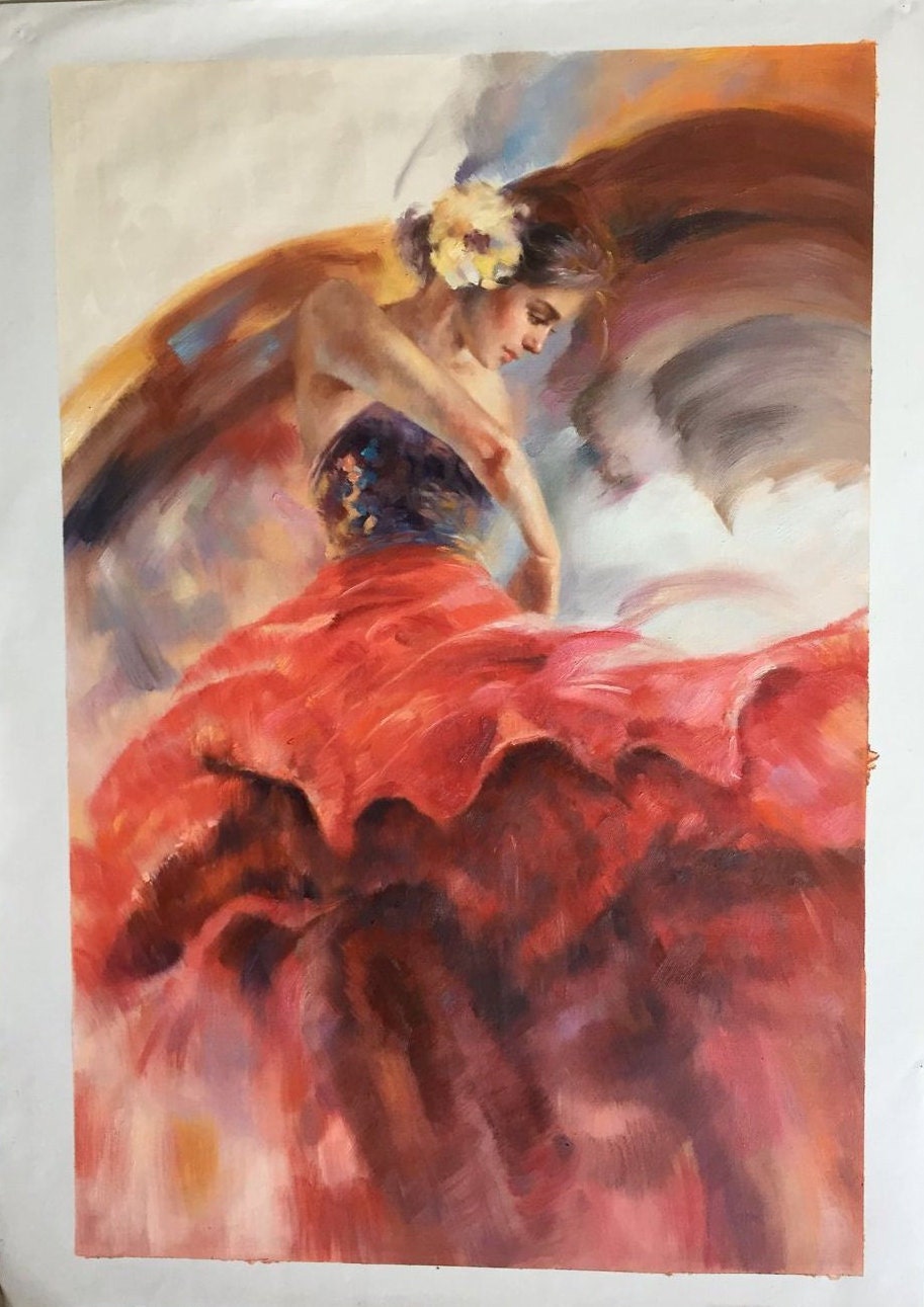 Flamenco Spaanse danseres klassiek schilderij, rode rok danseres impressie schil #5