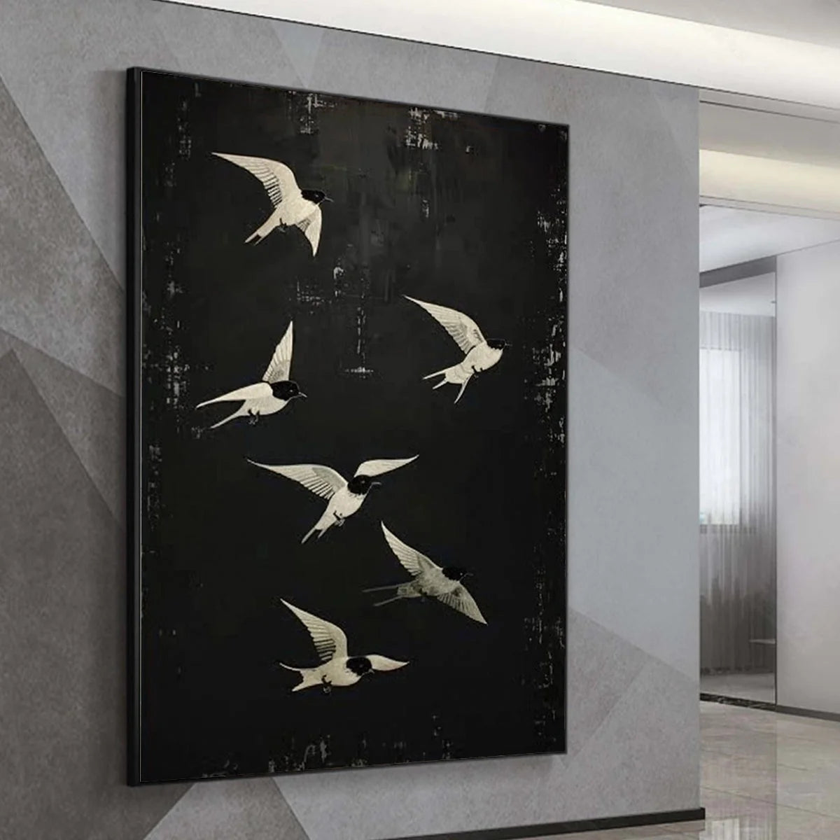 FLIGHT: Minimalist Birds in Flight Oil Painting | gold frame stretched on neutral wall