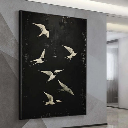 FLIGHT: Minimalist Birds in Flight Oil Painting | gold frame stretched on neutral wall