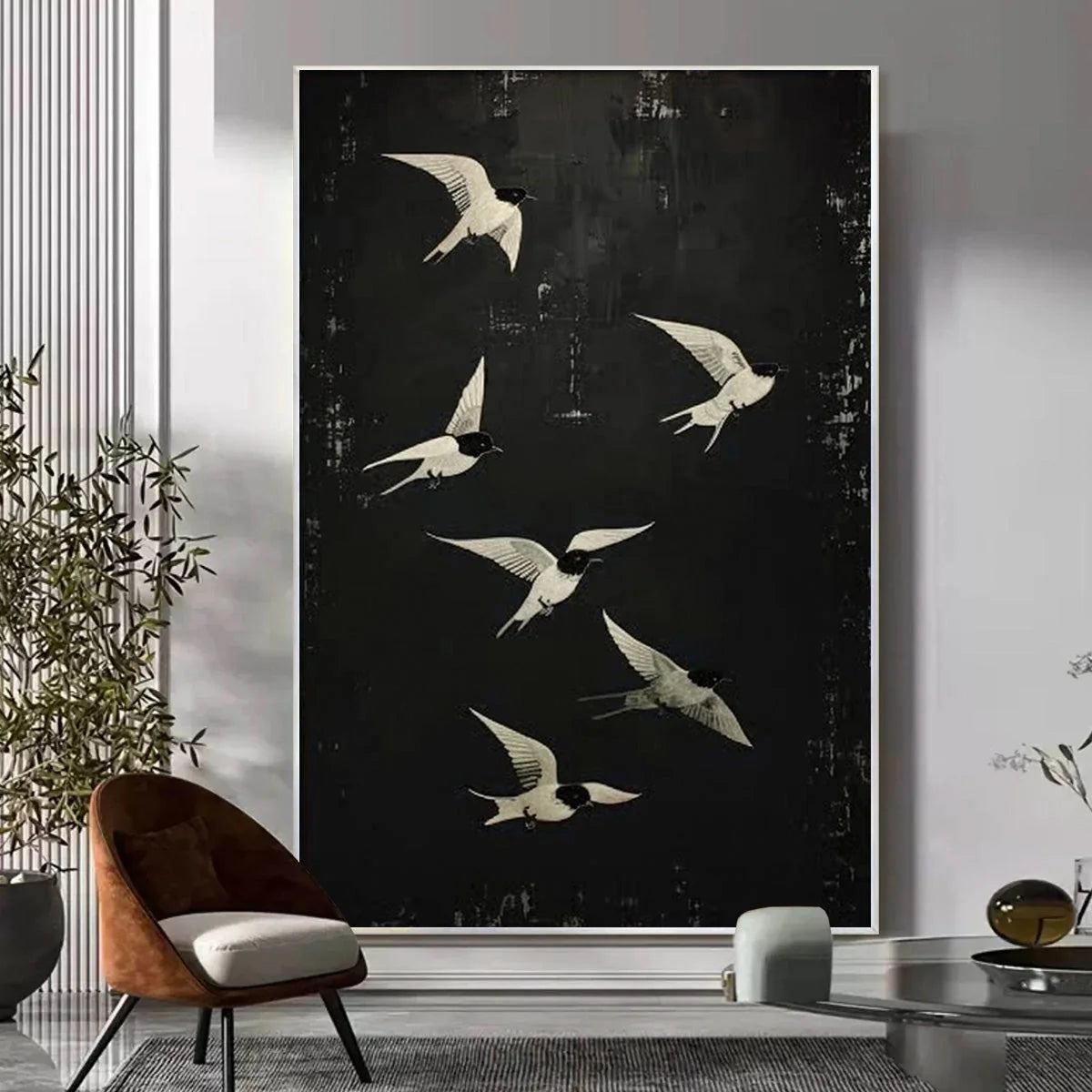 FLIGHT: Minimalist Birds in Flight Oil Painting | black frame version on white wall