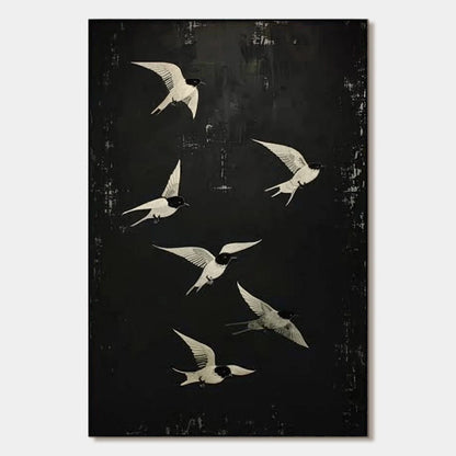 FLIGHT: Minimalist Birds in Flight Oil Painting | hanging in FLIGHT: Minimalist Birds in Flight Oil Painting featuring layered textured brushwork in refined tones; minimalist composition with rich ...