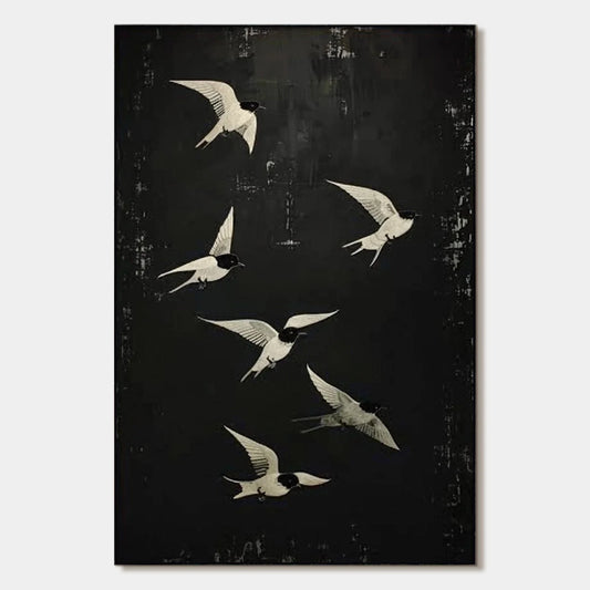 FLIGHT: Minimalist Birds in Flight Oil Painting | hanging in FLIGHT: Minimalist Birds in Flight Oil Painting featuring layered textured brushwork in refined tones; minimalist composition with rich ...