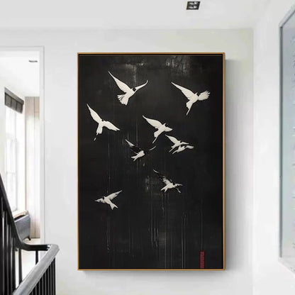 FLIGHT OF DREAMS: Minimalist Birds on Black Oil Painting | Minimalist closeup, raised brushwork detail