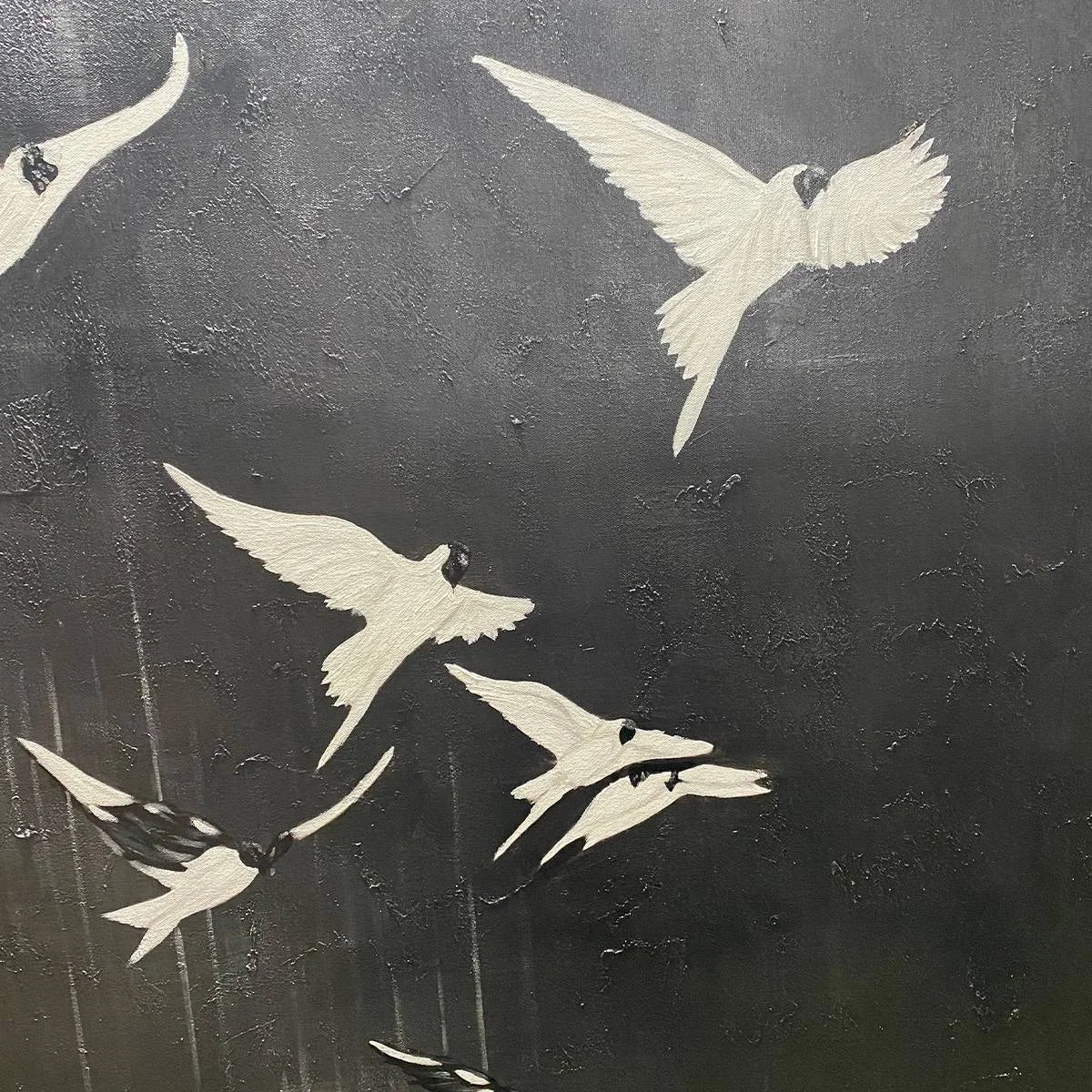 FLIGHT OF DREAMS: Minimalist Birds on Black Oil Painting | rectangular format, hand-painted canvas edge