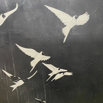 FLIGHT OF DREAMS: Minimalist Birds on Black Oil Painting | rectangular format, hand-painted canvas edge