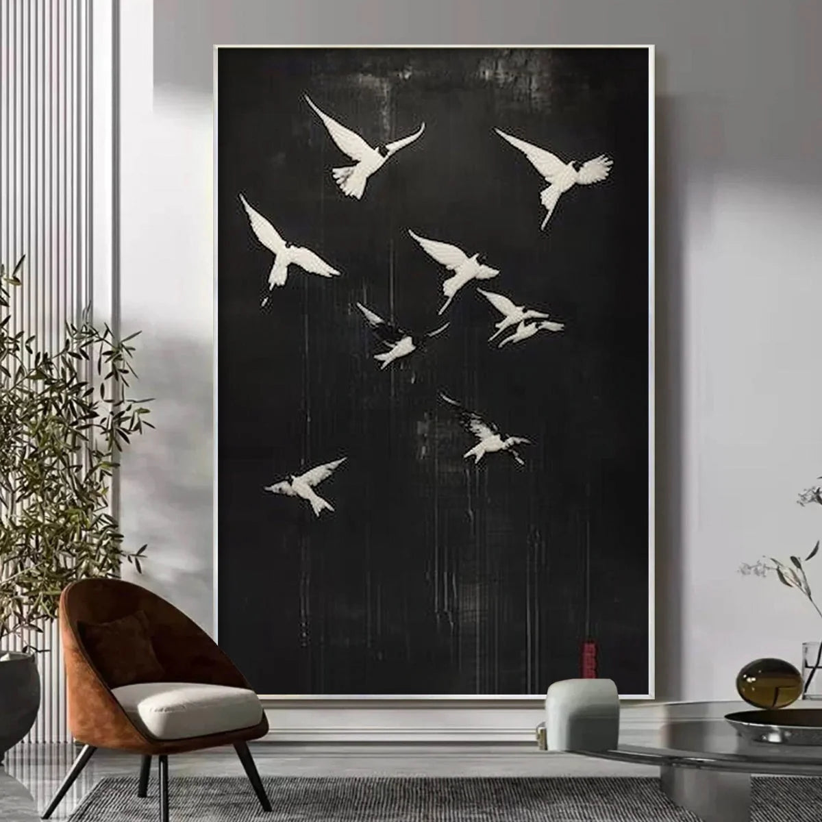 FLIGHT OF DREAMS: Minimalist Birds on Black Oil Painting | gold frame stretched on neutral wall