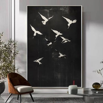 FLIGHT OF DREAMS: Minimalist Birds on Black Oil Painting | gold frame stretched on neutral wall