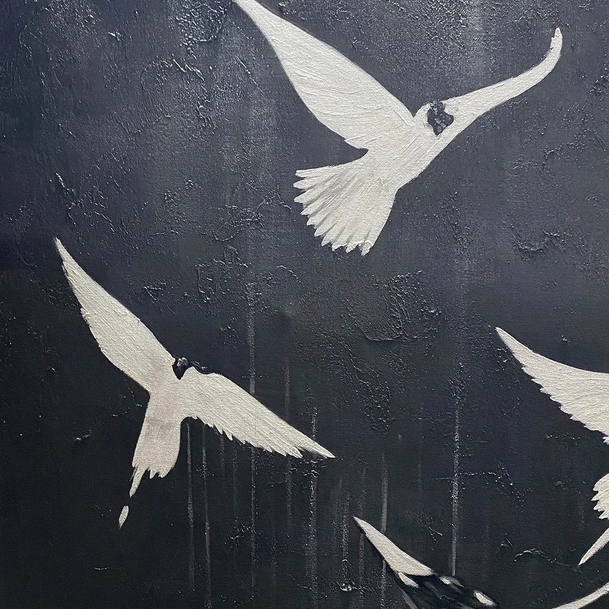 FLIGHT OF DREAMS: Minimalist Birds on Black Oil Painting | rolled canvas, ready for custom framing