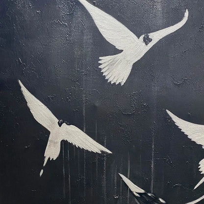 FLIGHT OF DREAMS: Minimalist Birds on Black Oil Painting | rolled canvas, ready for custom framing