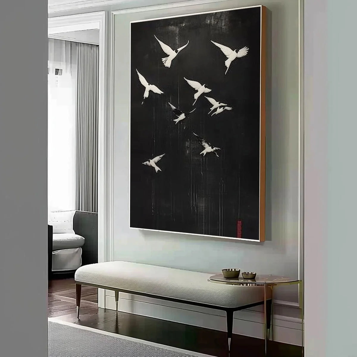 FLIGHT OF DREAMS: Minimalist Birds on Black Oil Painting | black frame version on white wall