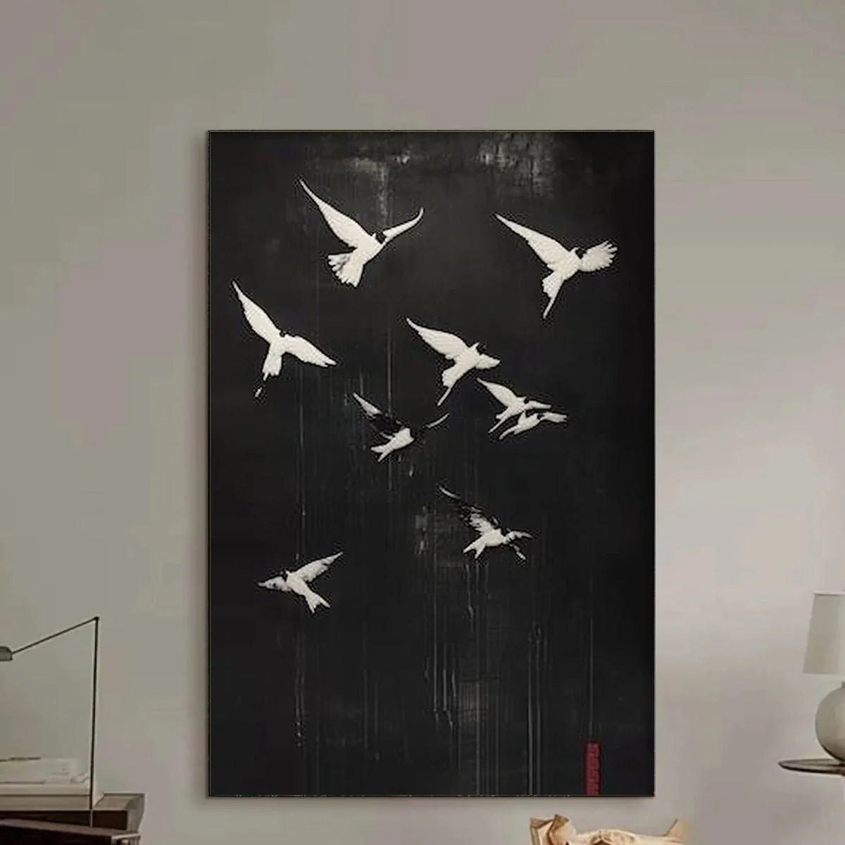 FLIGHT OF DREAMS: Minimalist Birds on Black Oil Painting | Minimalist mood, soft natural light studio shot