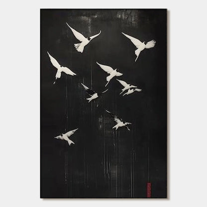 FLIGHT OF DREAMS: Minimalist Birds on Black Oil Painting | hanging in FLIGHT OF DREAMS: Minimalist Birds on Black Oil Painting featuring layered textured brushwork in refined tones; minimalist comp...