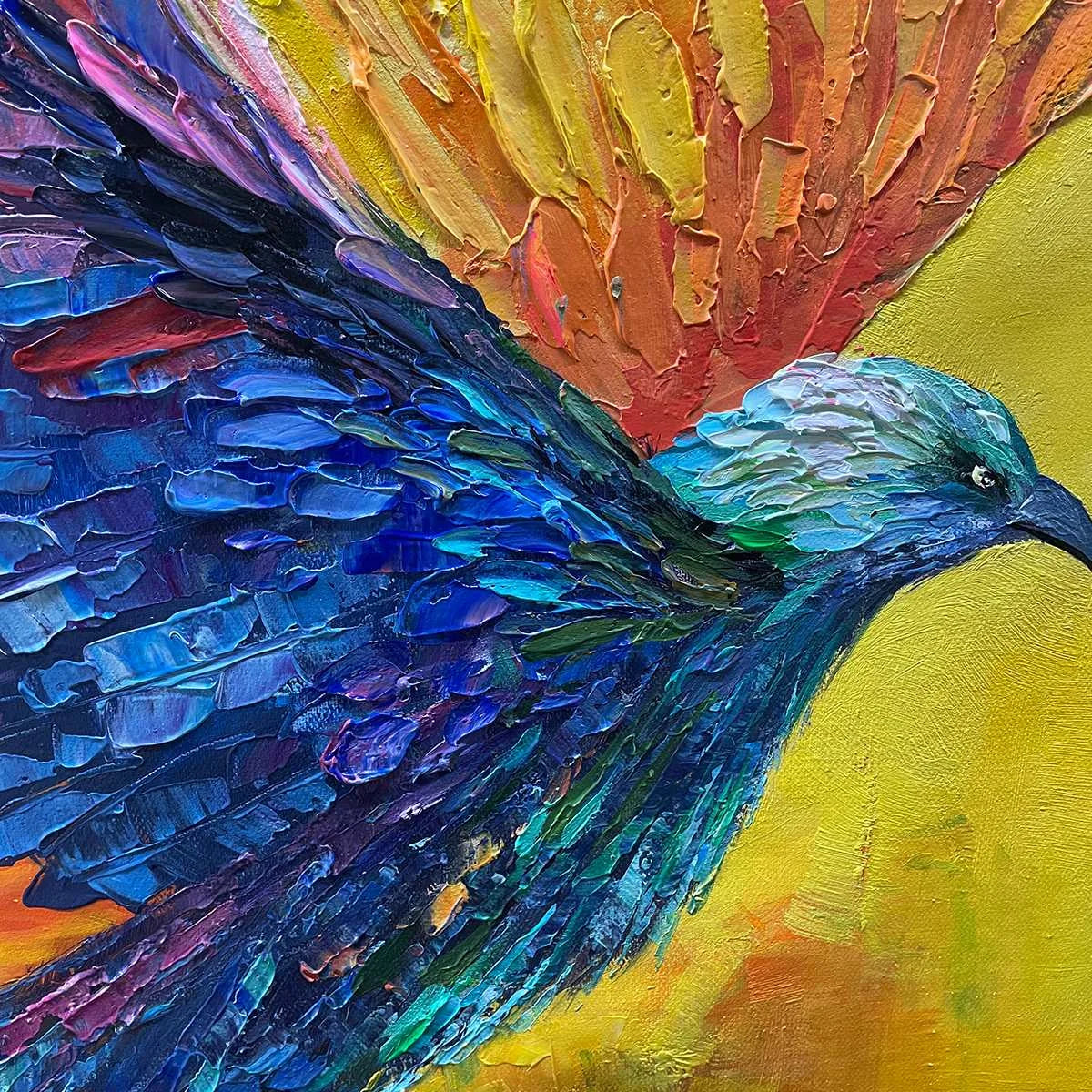 FLIGHT OF FANCY: Textured Impasto Bird Oil Painting | rectangular format, hand-painted canvas edge
