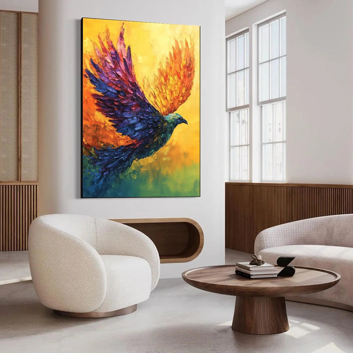 FLIGHT OF FANCY: Textured Impasto Bird Oil Painting | gold frame stretched on neutral wall